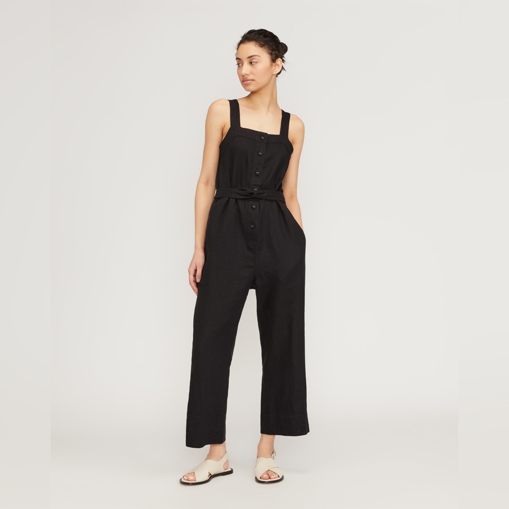 Everlane Linen Jumpsuit Crop Belted Buttons Wide Leg Pockets Black Sz 12 NWT